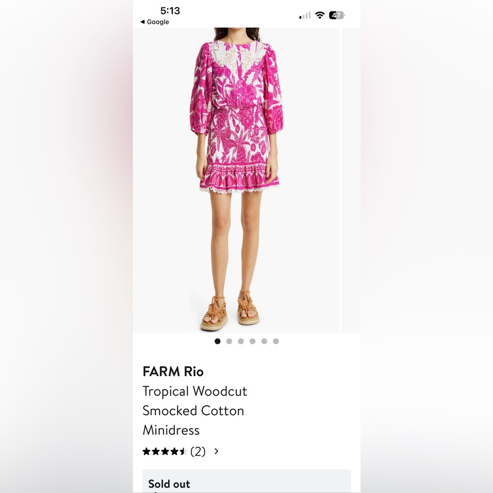 FARM Rio Tropical Woodcut Smocked Cotton Minidress